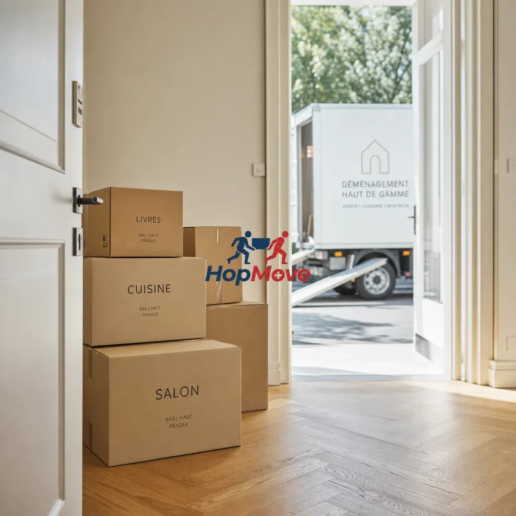 Professional movers handling boxes during an international relocation in Geneva.